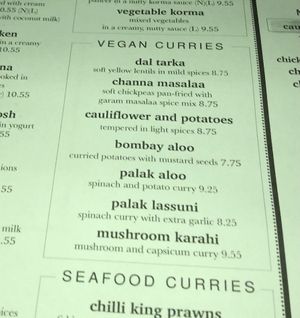 Vegan section on the menu at Garam Masala in St Pauls Bay