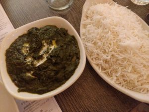Palak aloo with steamed basmati at Garam Masala in St Pauls Bay