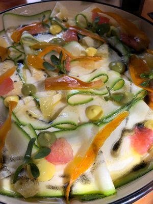 Carpaccio de zucchini, with citrus fruit and habanero oil  at Tata Mezcaleria in Morelia