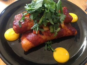 enchiladas in a great sauce at Tata Mezcaleria in Morelia