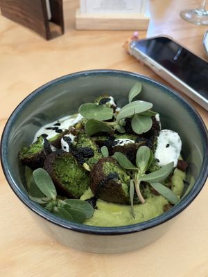 Falafel con humus de aguacate   at Tata Mezcaleria in Morelia