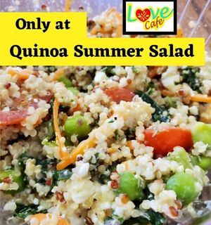 Quinoa,  Edamame,  Kale,  Carrots,  Tomatoes,  Feta Cheese, drizzled with our Balsamic dressing and basil at Love Café in South Hill