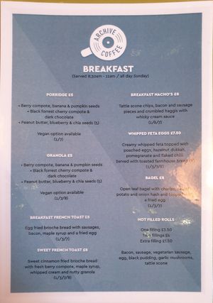 Breakfast Menu at Archive Coffee in Orkney Islands