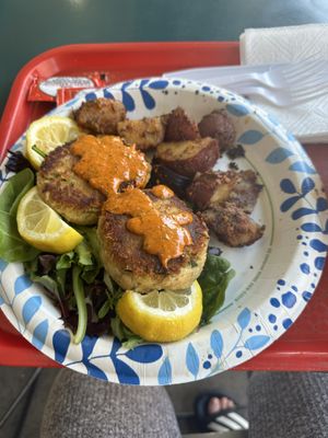 Vegan crab cake plate with spicy garlic red potatoes   at The French Market in New Orleans