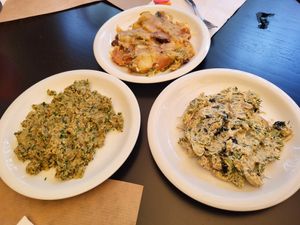 "Tuna" salad, potato salad, aubergine salad at Demetra in Chalkis