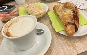 Chocolate croissant, apple strudle and soy milk cappuccino   at Biolino in La Spezia