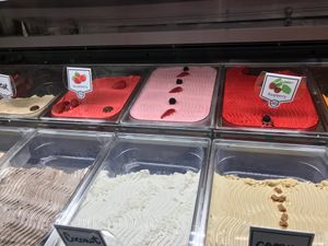 Strawberry, Stevia mixed berry and raspberry gelatos at Cattarissimo in Kotor