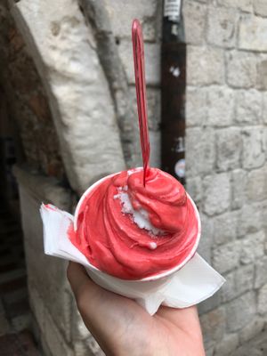 Strawberry and coconut gelato at Cattarissimo in Kotor