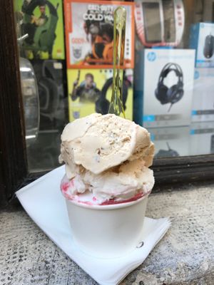 A heaping tower of delicious vegan gelato (yes, I eat this for breakfast every day!) at Cattarissimo in Kotor
