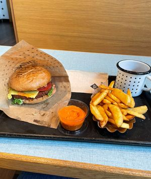 swing burger with extra cheese and fries with the hot pepper dip😄 at Swing Kitchen - Universitätsring in Vienna