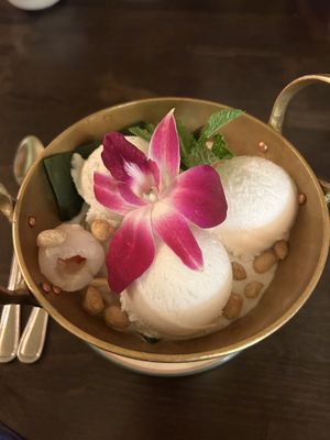 Coconut ice cream with lychee and sticky rice at September in Bangkok in New Haven