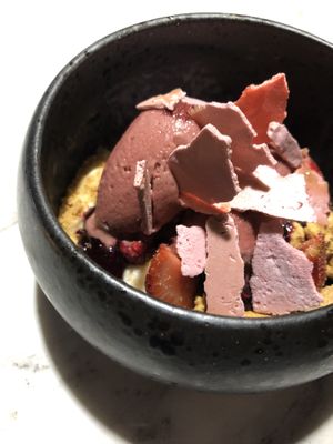 Dessert, fruit sorbet with vanilla cream.  at Esan in Rhodes