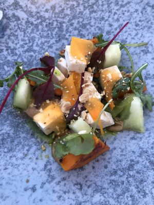 Melon salad with vegan feta and carrots and grilled pumpkin   at Esan in Rhodes