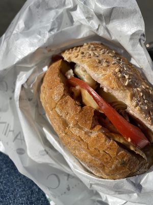 Panini nr 41 with artichoke, tomato, porcini mushrooms and eggplant at Panini & Co in Arezzo