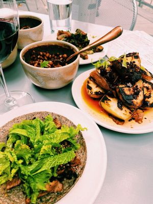 Wild mushroom tacos, sweet potatoes, and chili at Owamni by The Sioux Chef in Minneapolis