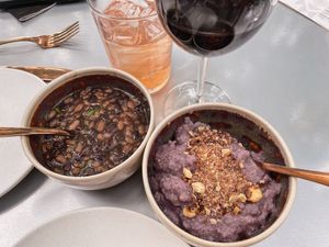 Baked beans and blue corn mush at Owamni by The Sioux Chef in Minneapolis