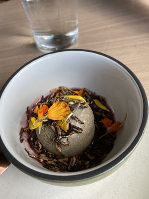 Sorbet with popped wild rice for dessert ❤️  at Owamni by The Sioux Chef in Minneapolis