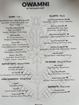Menu  at Owamni by The Sioux Chef in Minneapolis