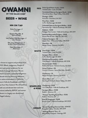 Menu  at Owamni by The Sioux Chef in Minneapolis