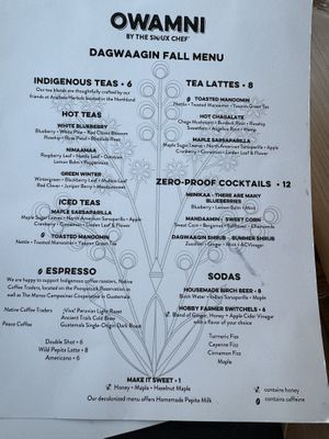 Drink menu  at Owamni by The Sioux Chef in Minneapolis