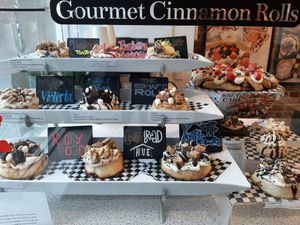 The tempting display case at Cinnaholic in Victoria