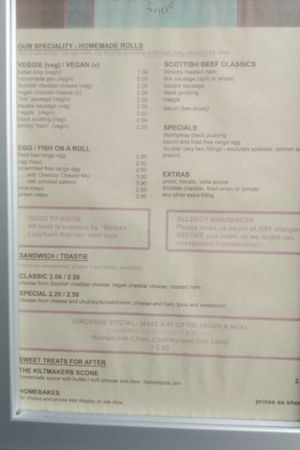 Menu at The Kiltmakers Coffee Shop in Cupar