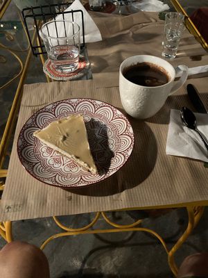 Vegan Cashew “cheese cake” with Tahini topping and hot chocolate with oat milk at The Kalymnos Experience Healthy Food Bar in Kalymnos