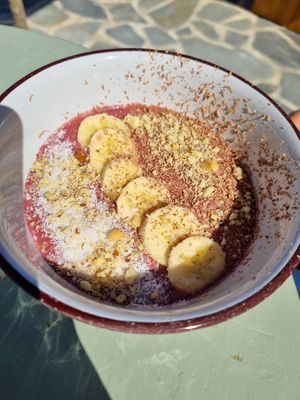 Pink berry smoothie bowl at The Kalymnos Experience Healthy Food Bar in Kalymnos