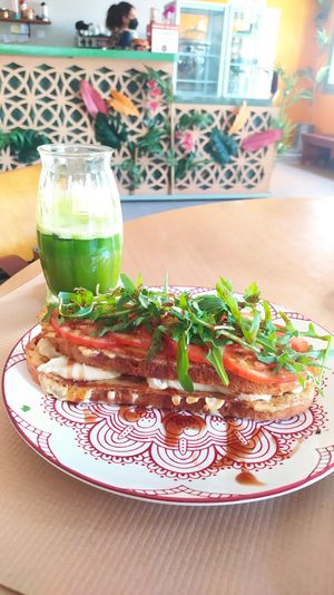 French toast w mozzarella. Vegan at The Kalymnos Experience Healthy Food Bar in Kalymnos