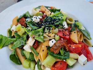 Tricolore pasta salad with vegan feta at The Kalymnos Experience Healthy Food Bar in Kalymnos