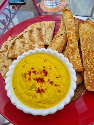 Turmeric hummus - so good! at The Kalymnos Experience Healthy Food Bar in Kalymnos