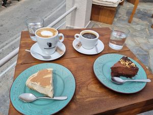 Vegan cheescakes and coffee. at The Kalymnos Experience Healthy Food Bar in Kalymnos