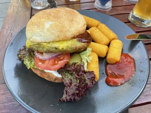 Vegan burger with potato croquettes 😋  at Ratsstube in Ruedesheim Am Rhein