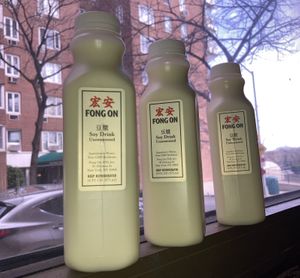Non-GMO, fresh, unsweetened soy milks at Fong On in New York City