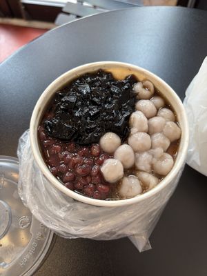 Tofu pudding “can’t go wrong”, with grass jelly, red beans, and taro balls    at Fong On in New York City