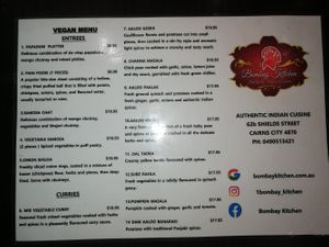 Vegan menu at Bombay Kitchen Cairns in Cairns