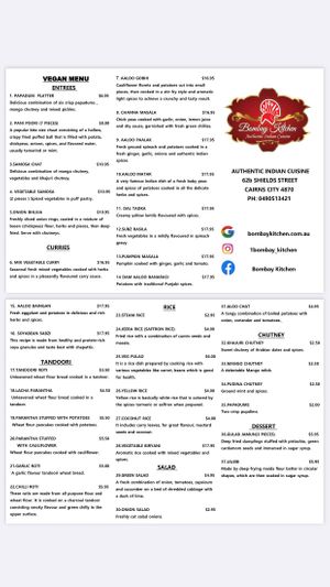 Vegan menu at Bombay Kitchen Cairns in Cairns