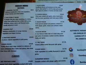 Vegan menu at Bombay Kitchen Cairns in Cairns