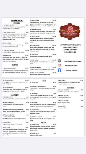 VEGAN MENU at Bombay Kitchen Cairns in Cairns