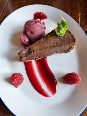 Chocolate Torte with Raspberry Sorbet at The Corn Mill in Llangollen