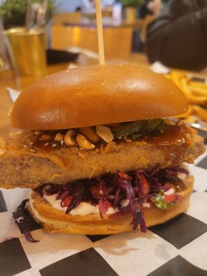 peanut red cabbage burger at KURA in Warsaw