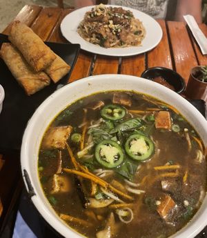 Stir fry with soy ‘meat’, spring rolls with avocado and pho (noodle soup) with tofu.  at Nu'ó'c Sabor Vietnamita in Brisas De Zicatela