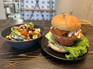 BBQ quack burger and Buffalo cauliflower wings #Veganuary at PlantPub in Cambridge