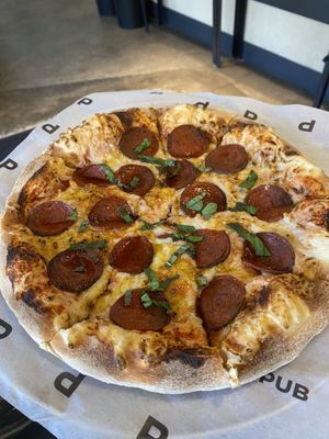 Pepperoni pizza￼  at PlantPub in Cambridge