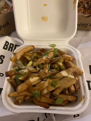 queso fries- barely any queso:(   at PlantPub in Cambridge