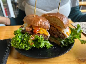 Pulled pork bbq burger  at PlantPub in Cambridge