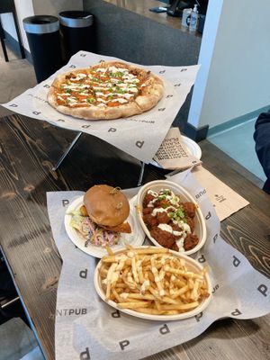 buffalo chik’n pizza, fried buffalo cauliflower wings, pub fries with spicy aioli, and the fried buffalo chik’n sandwich! #Veganuary at PlantPub in Cambridge