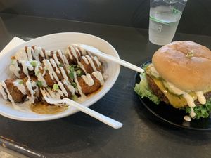 The classic burger and buffalo cauli wings  at PlantPub in Cambridge