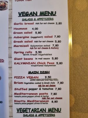 Vegan menu at Manifesto in Kalymnos