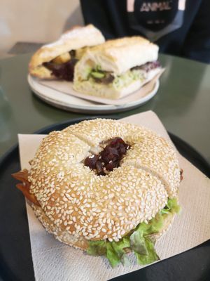 Smoked 'ham' and pepper bagel with homemade red onion relish at Market by Jeremy in Luxembourg City